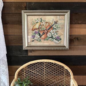 “Floral Harmony "14" x11" Cross Stitch Completed Silver Framed Violin Piano